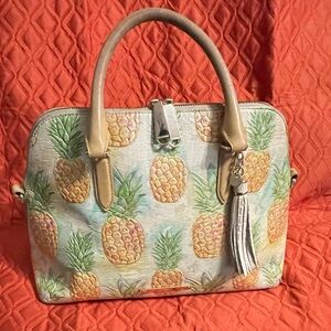 This is a Brahmin Duxbury leather satchel in the Multi Pompano pineapple print